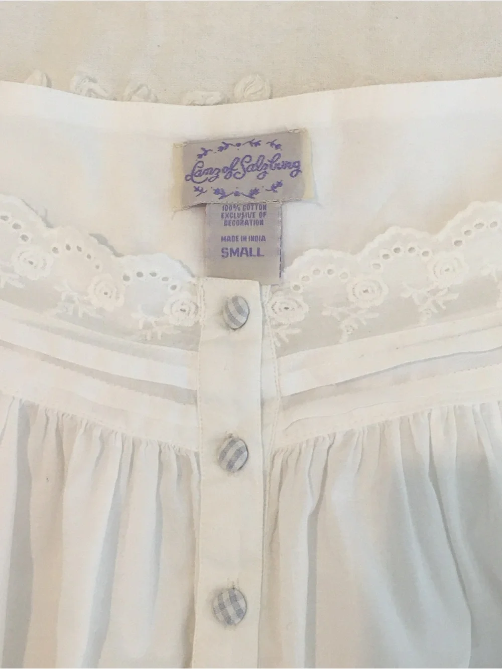 VTG Lanz of Salzburg White 100% Cotton Nightgown Sz S Eyelet Lace Cottagecore